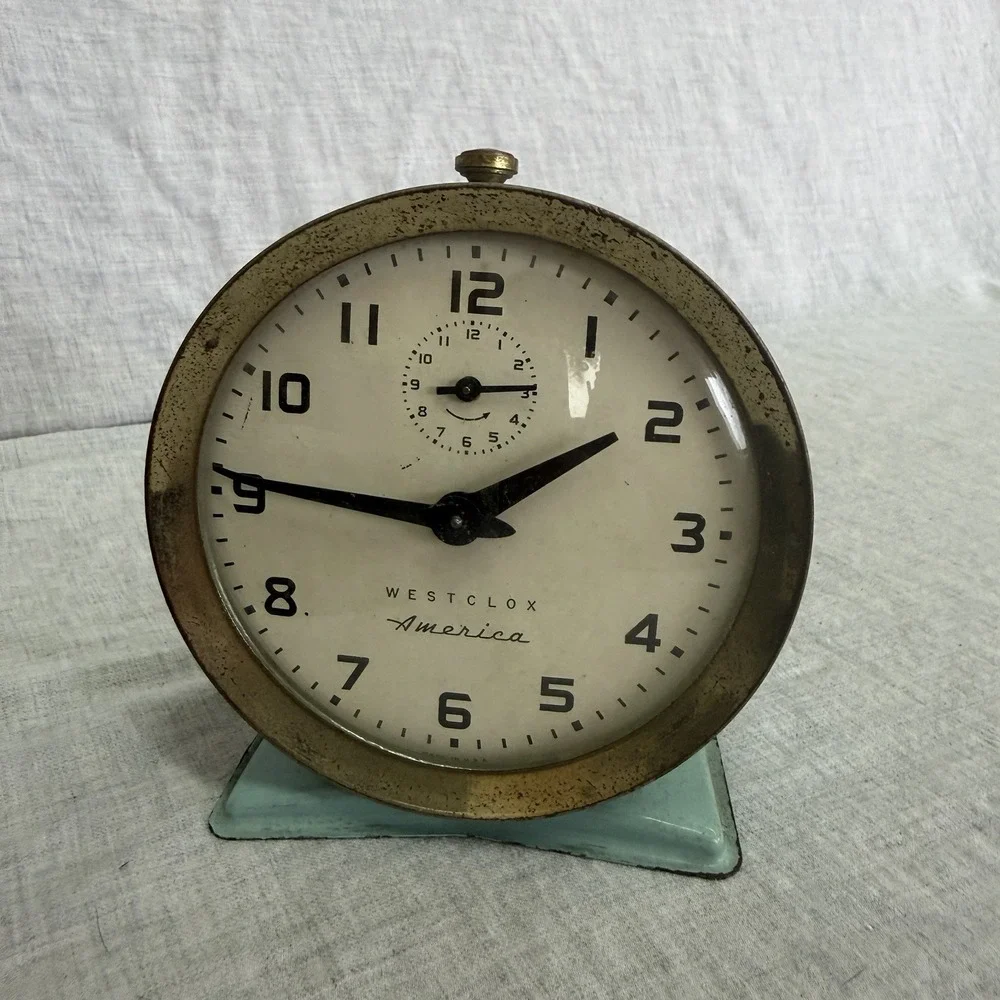 Vintage Westclox America Desktop Alarm Clock Turquoise Green Stand Made In USA